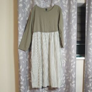 Emery Rose Olive Green and Cream Striped Women's Midi Dress size XL